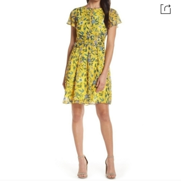 Sam Edelman Floral Crossover Waist A-line Dress In Yellow - Picture 1 of 8